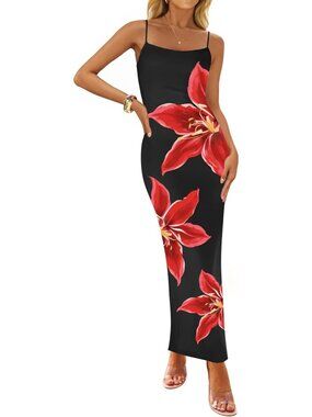 Women’s Black Floral Bodycon Maxi Square Neck Boho Beach Summer Long Dress